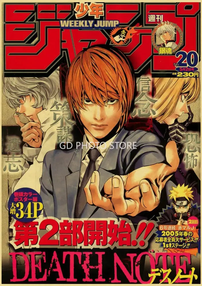 The cover of weekly shonen jump featuring death note with red-haired protagonist on a dark suit in an anime poster collection