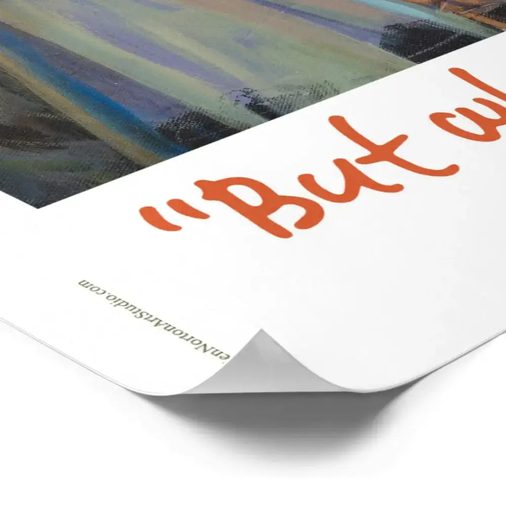 A white anime poster from decorbites™ anime poster collection featuring bold orange cursive text above a colorful landscape
