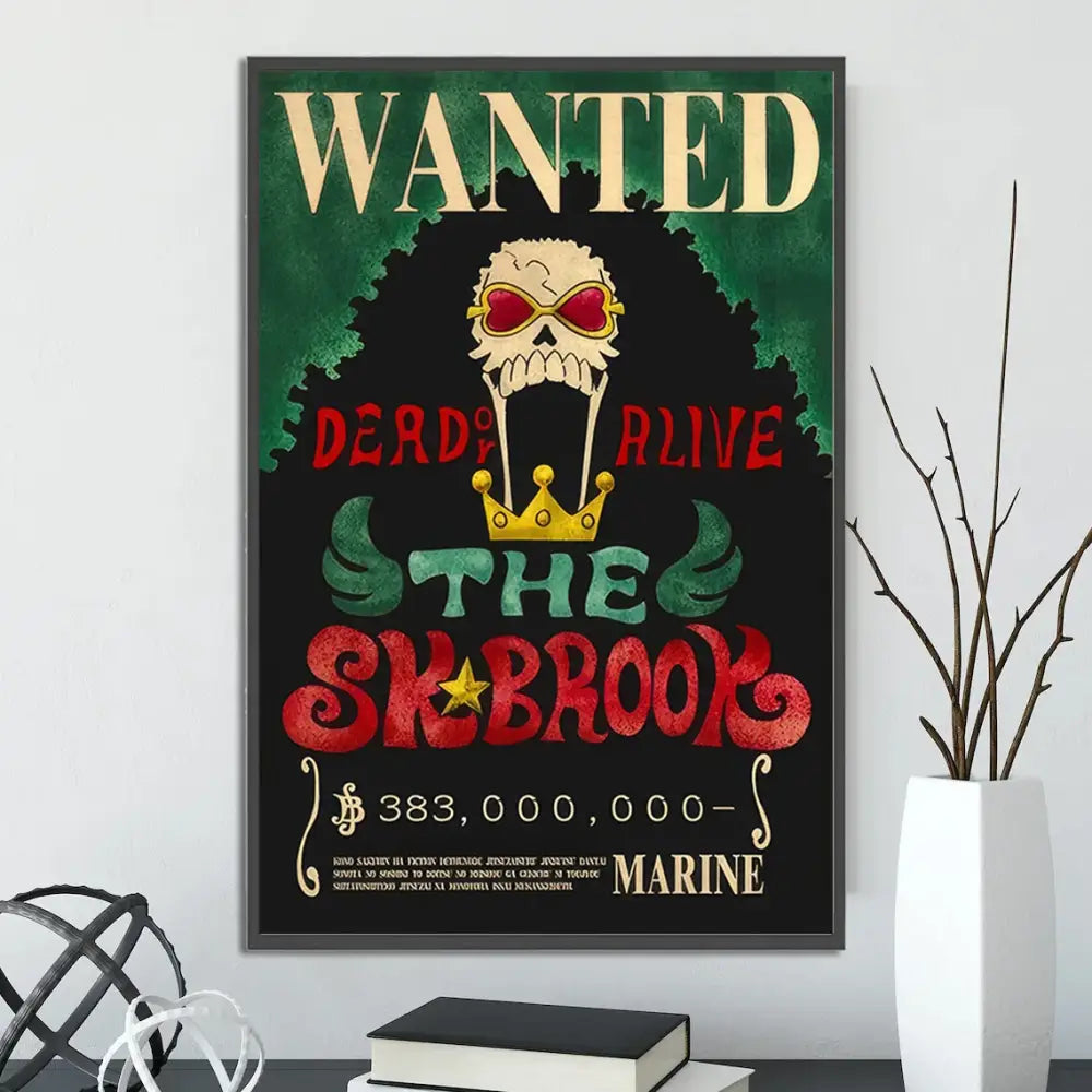 A framed decorbites™ anime one piece poster featuring a skull with red sunglasses and gold crown wall art piece poster set