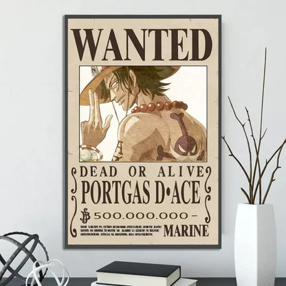 A framed vintage style wanted notice of Portgas D in the DecorBites™ anime one piece poster set wall art