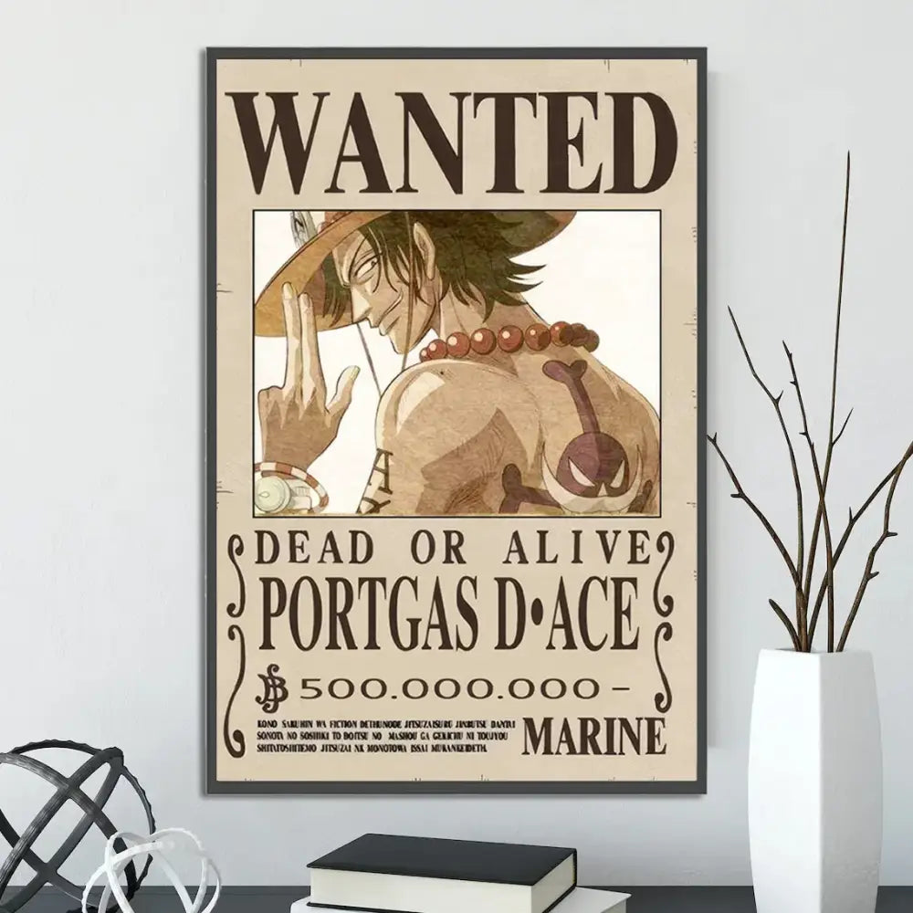A framed vintage-style wanted notice poster of portgas d in the DecorBites™ anime one piece poster set wall art