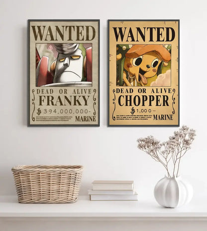 Two framed vintage style wanted posters of franky and chopper from one piece in decorbites™ anime piece poster set wall art
