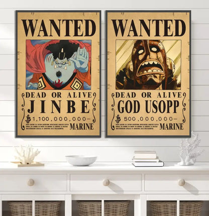 Decorbites™ anime one piece wall art featuring two vintage-style beige piece posters of jinbe and god usopp