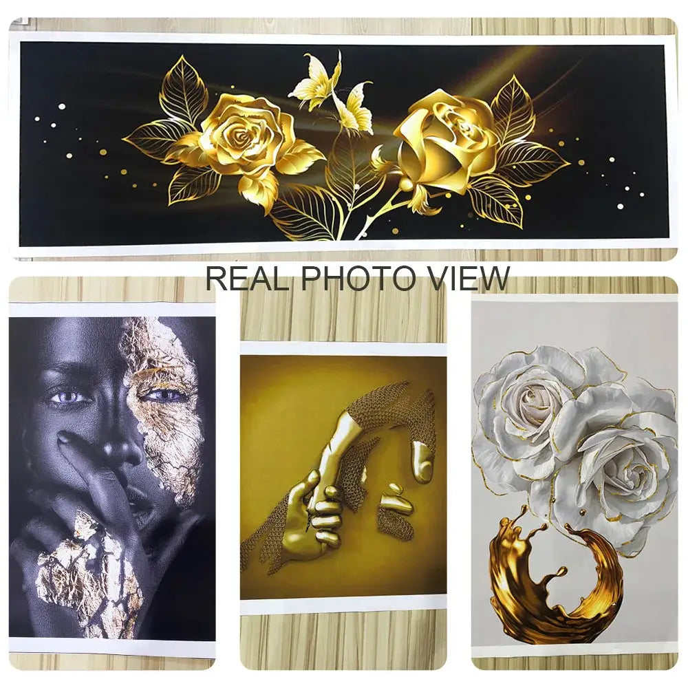 Golden roses with intricate leaves and delicate butterflies in metallic finish on deep black kraft paper anime poster collection