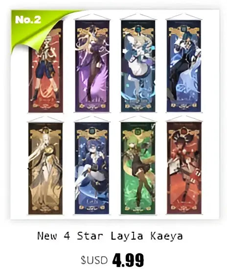 New 4 star layla kaeya anime poster wall art cards featured in vibrant genshin impact character designs by decorbites