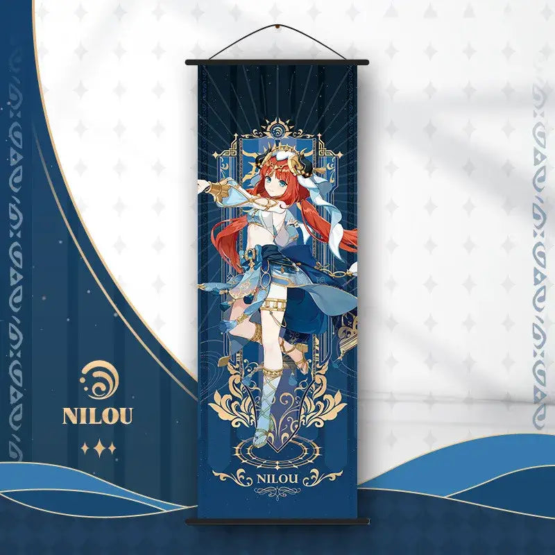 Decorbites™ anime poster wall art featuring a red-haired genshin impact character in blue and gold ornate attire