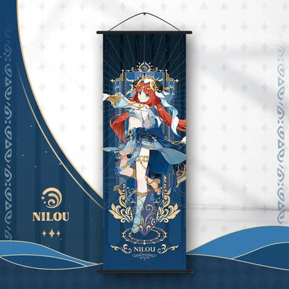 Decorbites™ anime poster wall art featuring a red-haired genshin impact character in blue and gold ornate attire