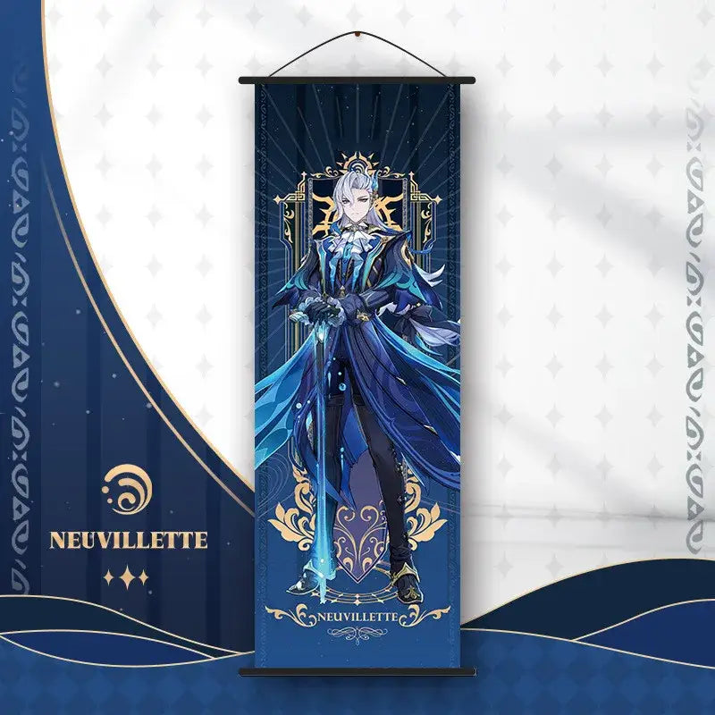 Blue and gold anime poster wall art featuring a regal genshin impact character in ornate attire for decoration