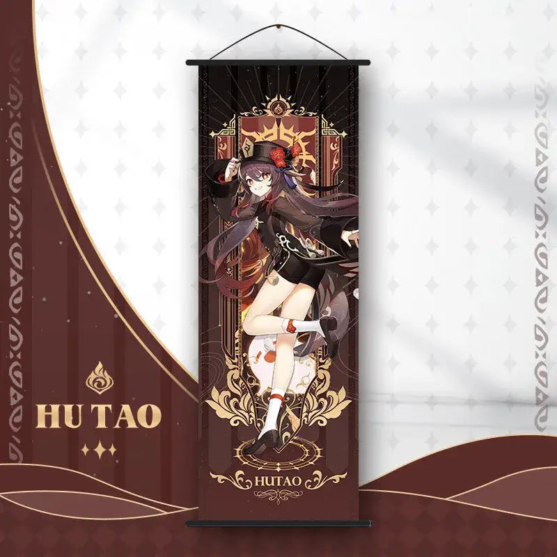 DecorBites™ anime poster wall art featuring dark brown and gold scroll with genshin impact character illustration