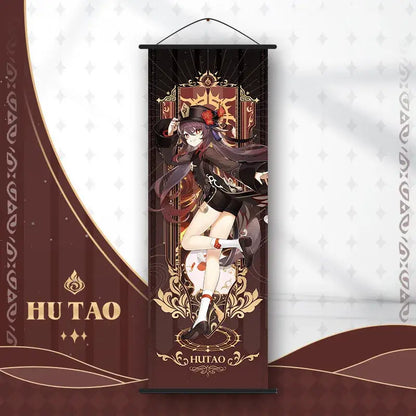 DecorBites™ anime poster wall art featuring dark brown and gold scroll with genshin impact character illustration