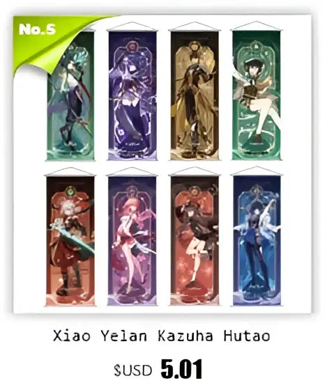 A set of ten vibrant anime poster bookmarks featuring genshin impact characters in green purple red and blue for wall art decor