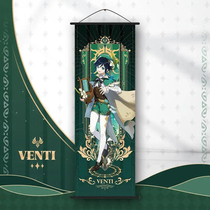 Green and gold decorative anime poster wall art featuring Venti from Genshin Impact by DecorBites™