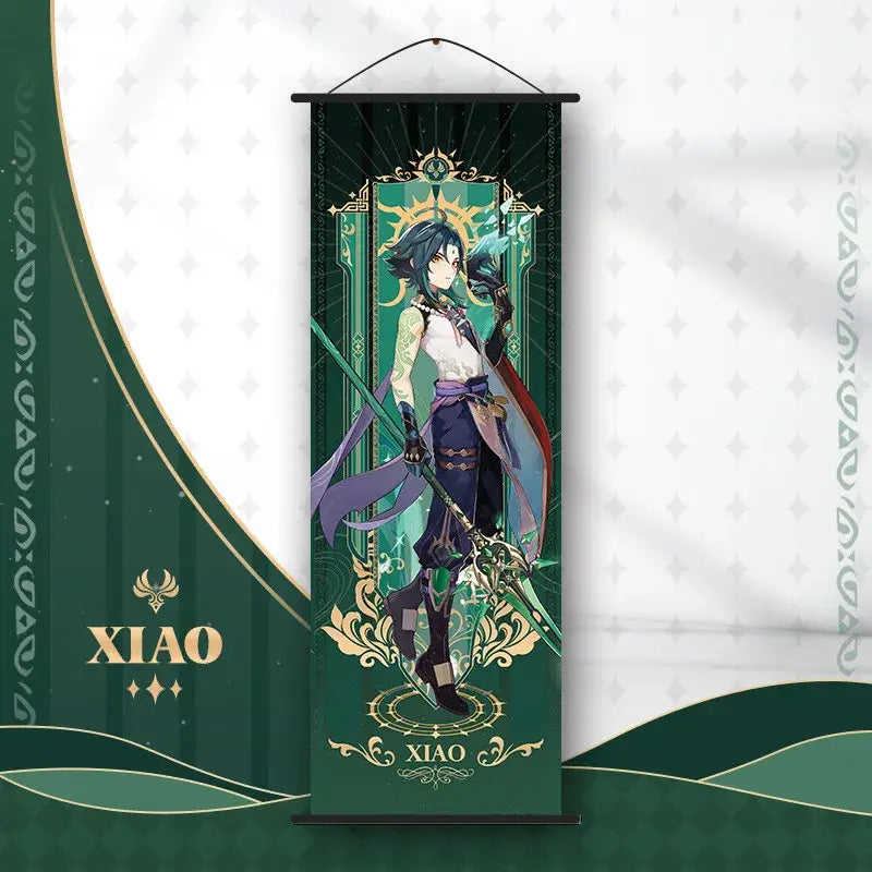 Green and gold decorative wall art featuring xiao from genshin impact in a stylized design for anime poster decor