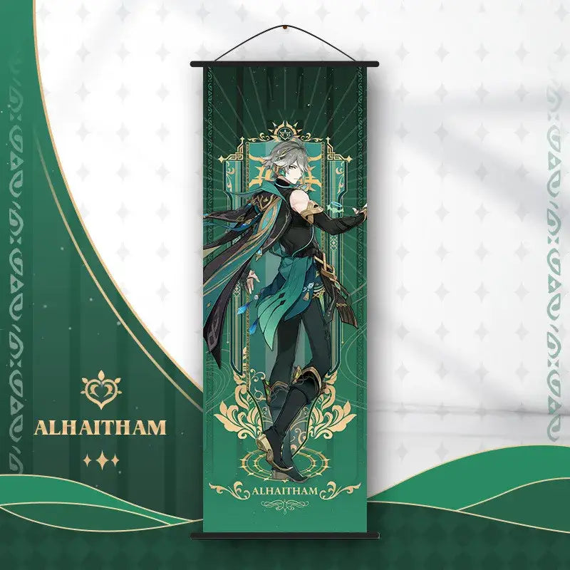 Green and gold decorative anime poster wall art featuring a genshin impact character in a fantasy outfit by DecorBites