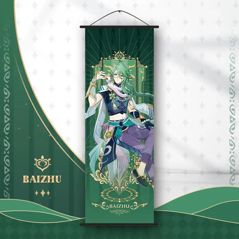 Decorbites™ anime poster wall art featuring a green and gold genshin impact character with long green hair