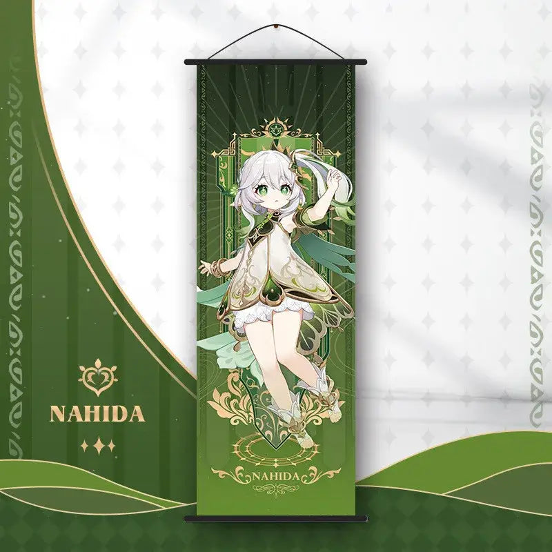 Green and gold framed anime poster wall art featuring a silver-haired genshin impact character in a detailed outfit