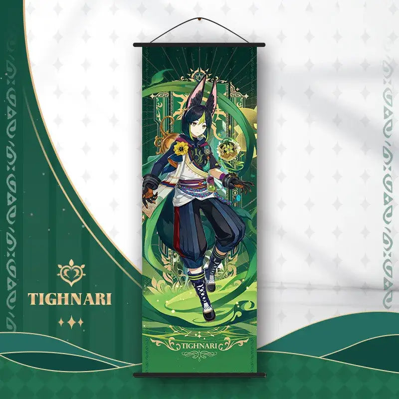 Green and gold tighnari-themed anime poster wall art featuring detailed genshin impact character in fantasy attire