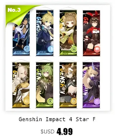 DecorBites™ anime poster wall art features vibrant genshin impact 4 star character keychains with glossy finish