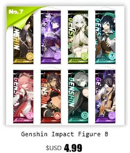 DecorBites™ anime poster wall art featuring vibrant genshin impact collectible figure b in dynamic color poses