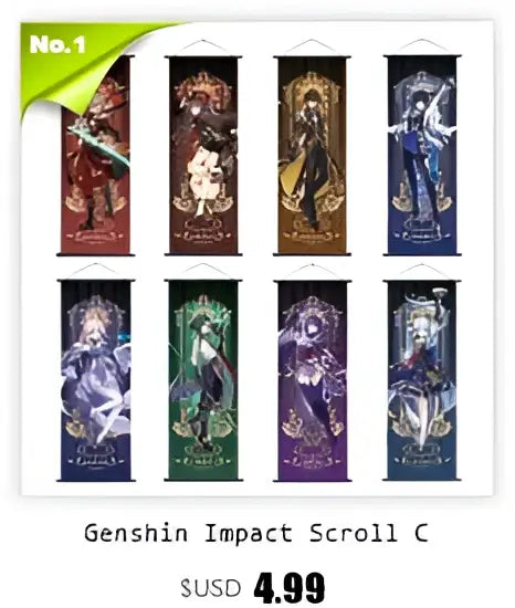 Decorbites™ anime poster wall art featuring vibrant genshin impact character artwork on a sleek black scroll design