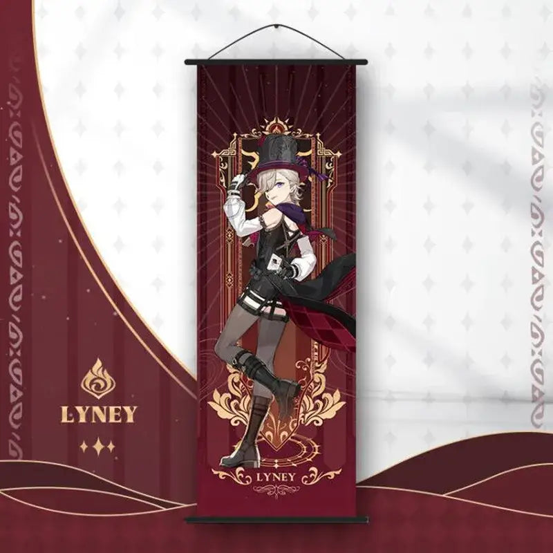 Decorbites™ anime poster wall art featuring lyney from genshin impact in maroon and gold ornate outfit design