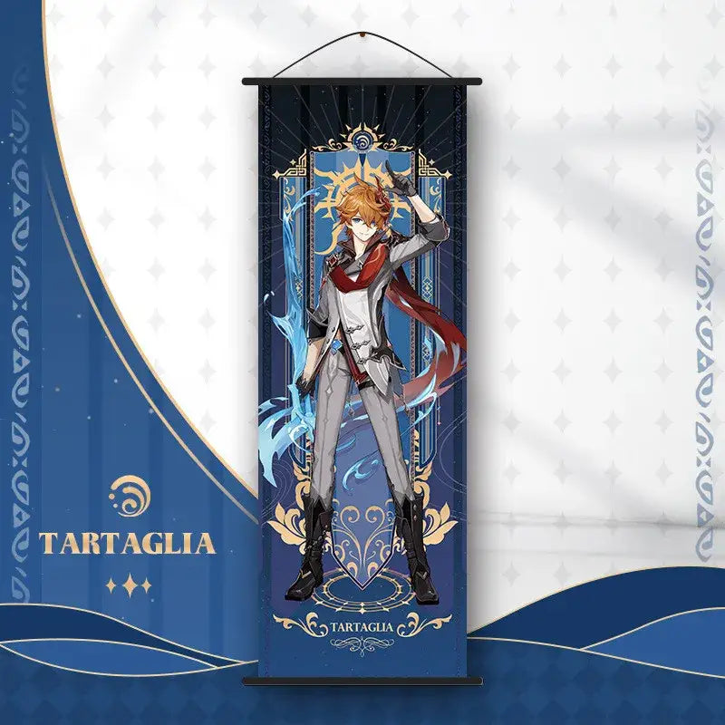 Navy blue anime poster wall art banner featuring genshin impact character with orange hair and ornate gold blue design
