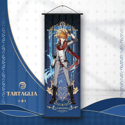 Navy blue anime poster wall art banner featuring genshin impact character with orange hair and ornate gold blue design