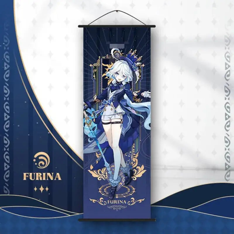 Navy blue and gold anime poster wall art banner of furina from genshin impact in elegant royal outfit by DecorBites™