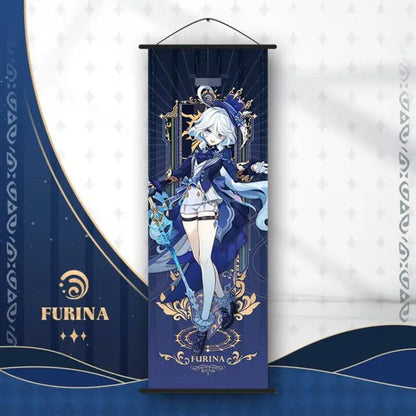 Navy blue and gold anime poster wall art banner of furina from genshin impact in elegant royal outfit by DecorBites™