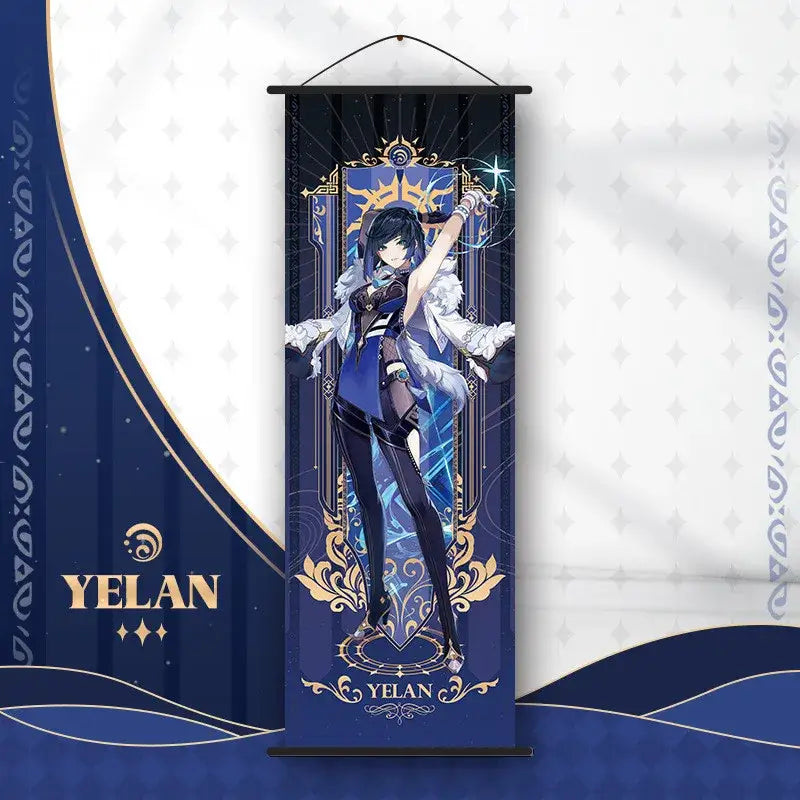 Decorbites™ genshin impact anime poster wall art hanging banner with navy blue and gold fantasy character design
