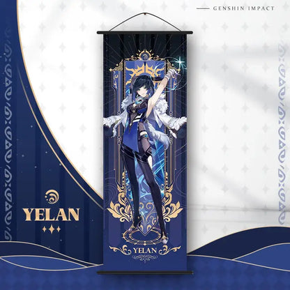 DecorBites™ anime poster wall art featuring navy blue and gold genshin impact character yelan with ornate frame