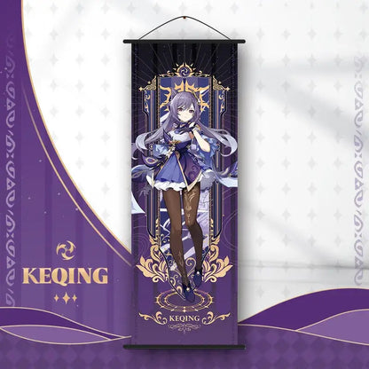 Purple and gold decorative anime poster wall art featuring a genshin impact character with silver hair and blue outfit
