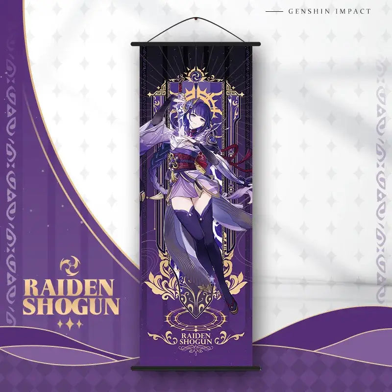 Decorbites™ anime poster wall art featuring purple and gold raiden shogun from genshin impact for room decoration