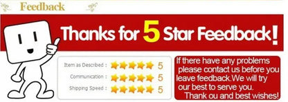 Red banner with thanks for 5 star feedback text and cartoon thumbs-up for DecorBites™ genshin impact anime poster wall art