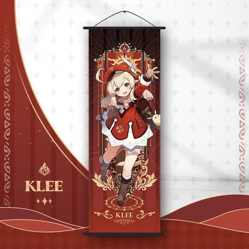 Red and gold decorative hanging scroll anime poster wall art featuring klee from genshin impact by decorbites