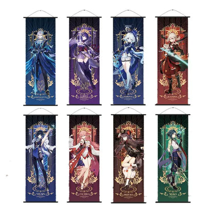 Set of eight vertical anime poster wall art featuring genshin impact characters with ornate gold detailing and vibrant colors