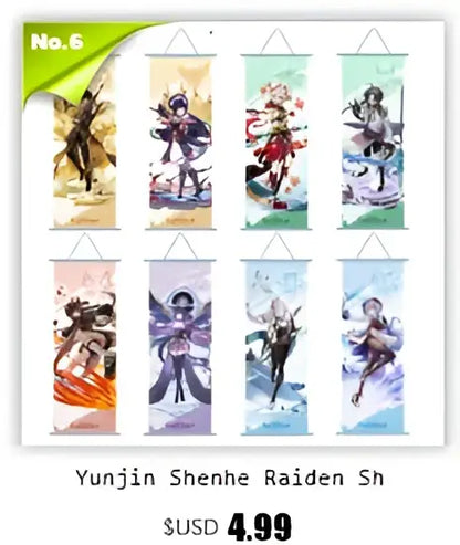 A set of six vibrant fabric anime poster wall art banners featuring genshin impact characters in dynamic poses