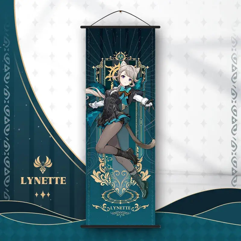 Teal and gold anime poster wall art featuring a cat ear character in black and teal from genshin impact by DecorBites™