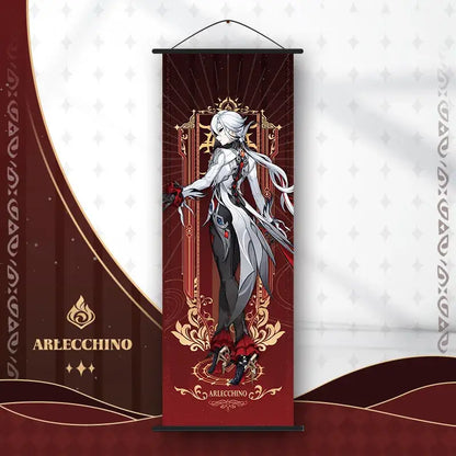 Vertical hanging anime poster wall art featuring a genshin impact character with white hair on red gold background