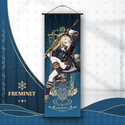 DecorBites™ anime poster wall art featuring a blue and gold genshin impact character banner with blonde hair in dark attire