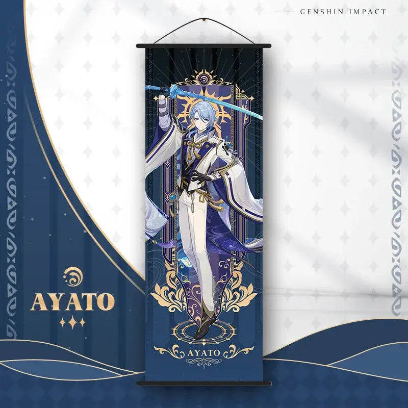 DecorBites™ anime poster wall art featuring ayato from Genshin Impact on dark blue fabric with gold borders