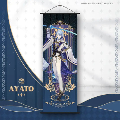 DecorBites™ anime poster wall art featuring ayato from Genshin Impact on dark blue fabric with gold borders