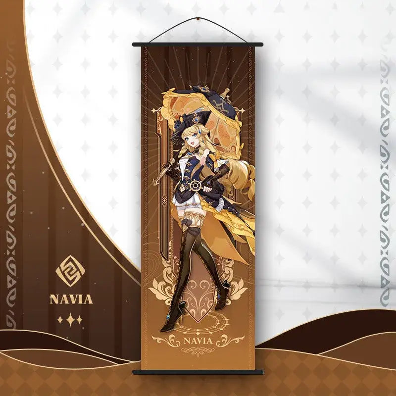 A vertically hanging brown anime poster wall art featuring a genshin impact character with gold and navy accents