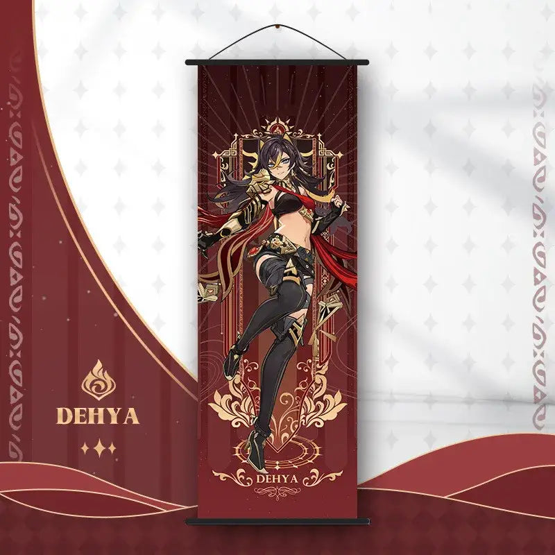 Decorbites™ anime poster wall art featuring a maroon and gold genshin impact dehya banner with ornate patterns and red cape