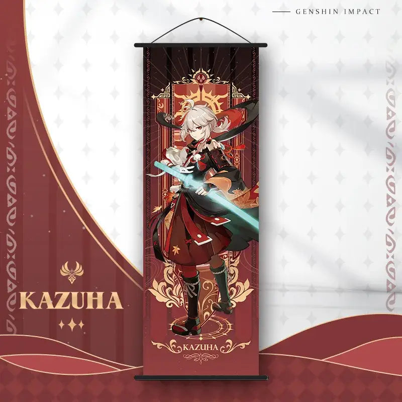 DecorBites™ anime poster wall art of Genshin Impact character Kazuha on dark red fabric with gold ornamental borders
