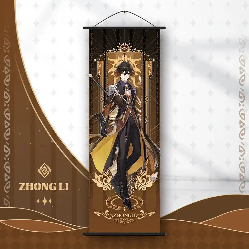 A vertically hanging scroll banner anime poster wall art featuring a genshin impact character in dark ornate outfit with gold accents