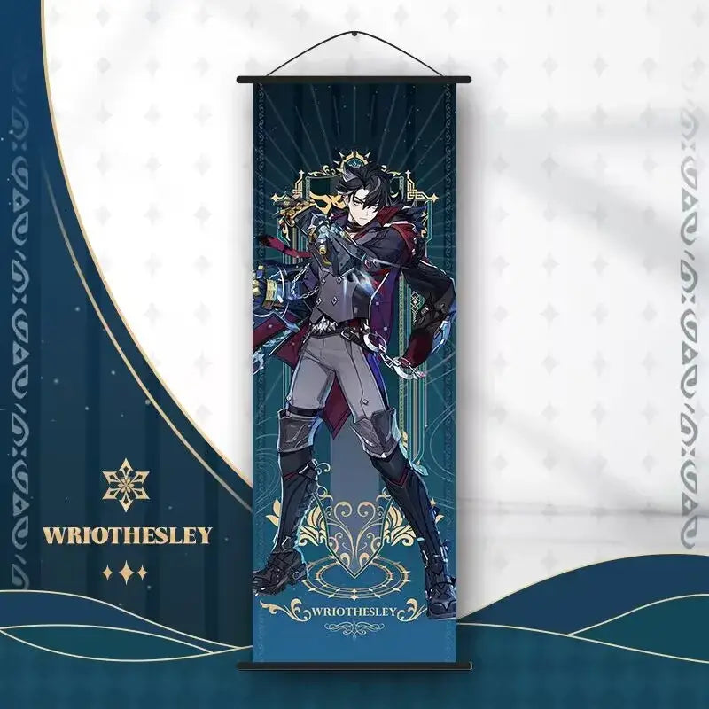A teal anime poster wall art scroll featuring a genshin impact character in dark armor with a red cape branded wriothesley