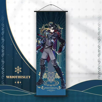 A teal anime poster wall art scroll featuring a genshin impact character in dark armor with a red cape branded wriothesley