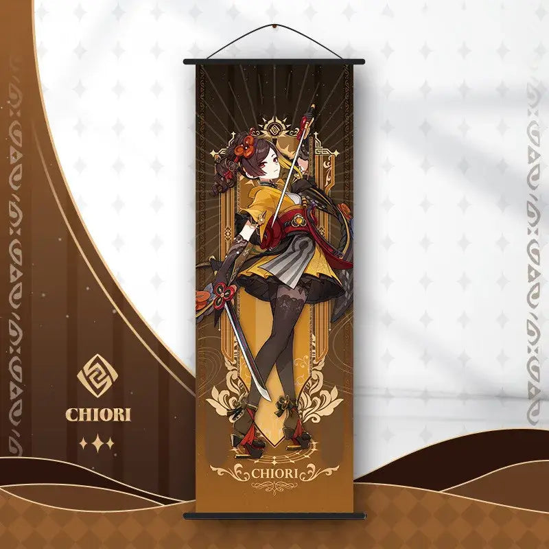 Decorbites™ anime poster wall art featuring a vertical scroll with a golden red genshin impact character design