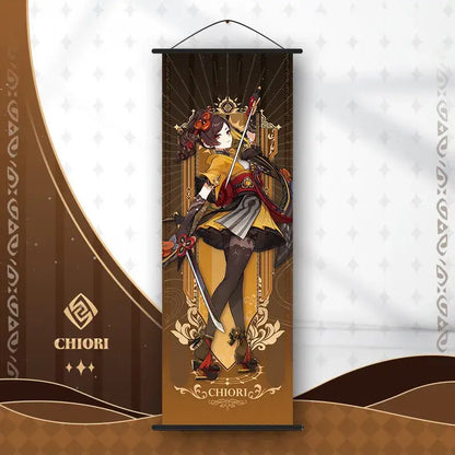Decorbites™ anime poster wall art featuring a vertical scroll with a golden red genshin impact character design